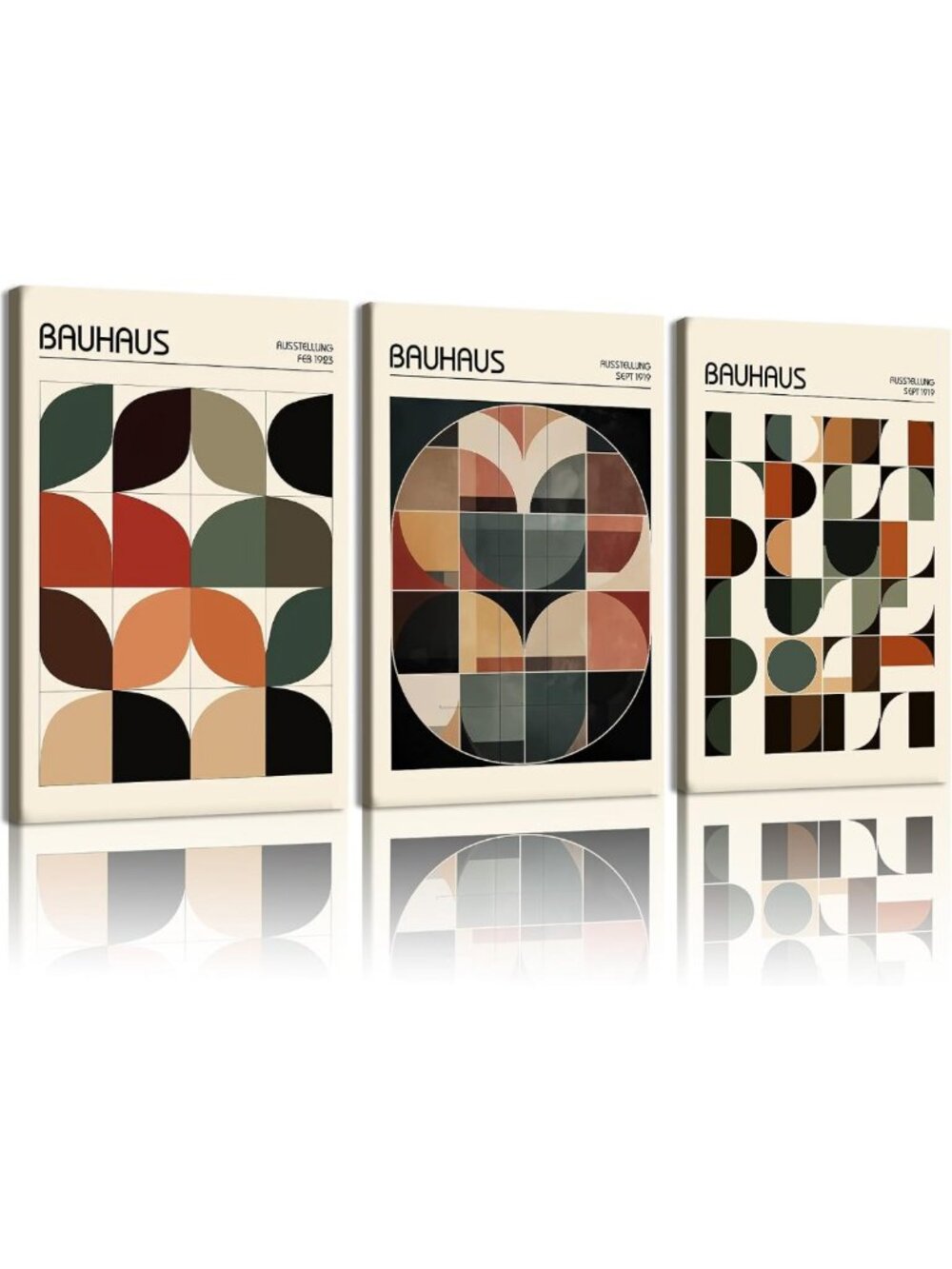 Geometric Canvas Wall Art Set of 3 - Framed Bauhaus Design, 16x24 Inches